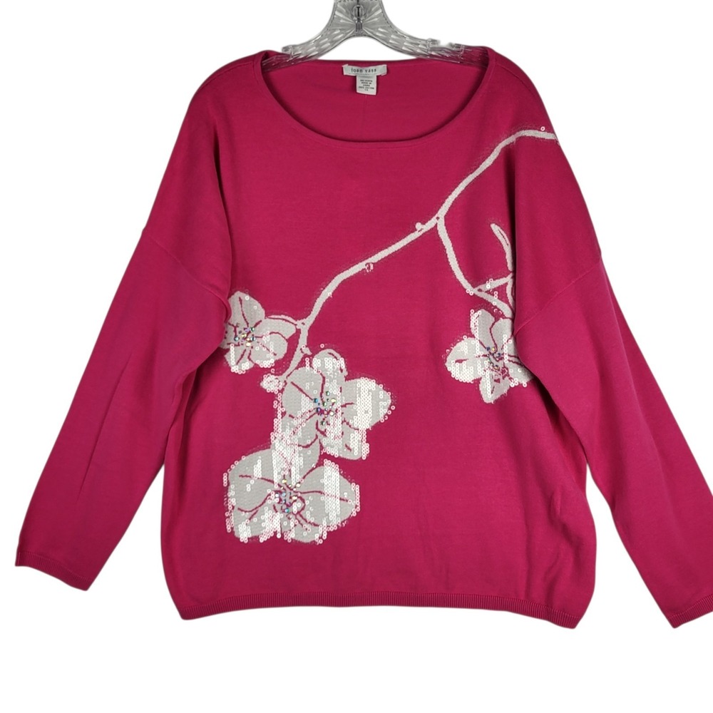 Joan Vass Orchid Sweater Women's Plus Sz 1X Pink Sequins Rhinestones NWT
